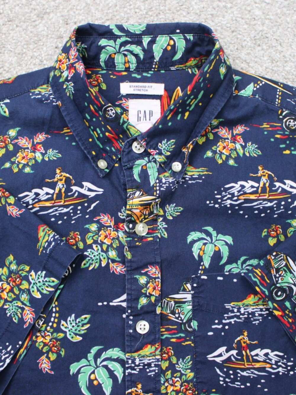 GAP Hawaiian Shirt Mens Medium‎ Blue Standard Fit Stretch All Over Print S/S